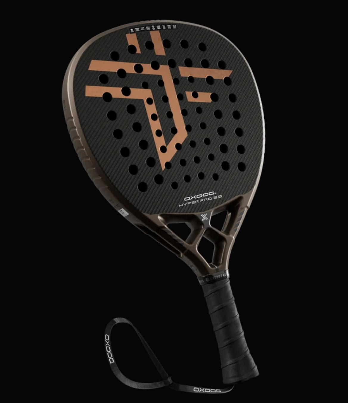 Raquete de padel Oxdog Hyper Pro+ 2.0 2026 em carbono preto com grafismos em bronze